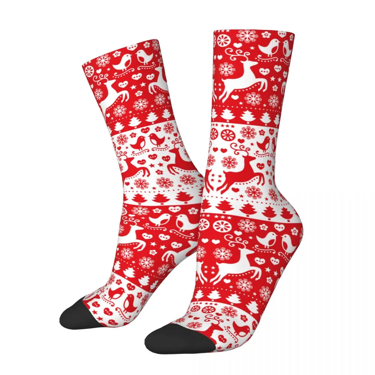 Retro Red Merry Christmas Reindeer Basketball Socks New Year Ugly Sweater Pattern Polyester Crew Socks for Women Men