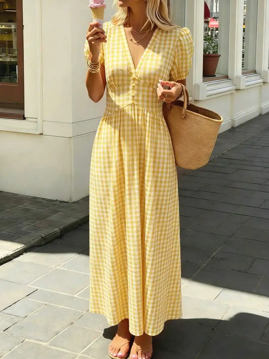 

Yellow Plaid V-Neck Petal Sleeve Cinched Waist Midi Swing Dress