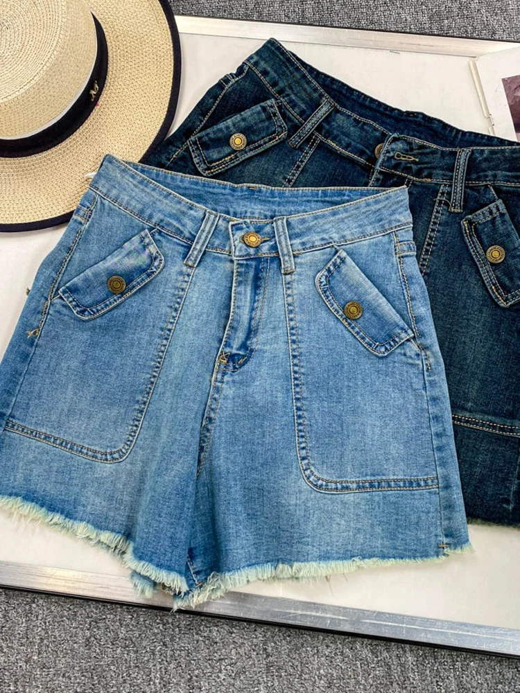 

American Sle Spicy Girl Design Slimming High Waist Wide Leg Jeans ort Pants for Women Summer Casual Frayed Hem Denim