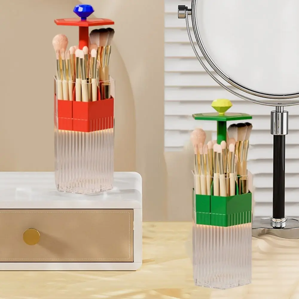 

Plastic Automatic Lifting Makeup Brush Holder Dustproof Large Capacity Eyebrow Pencil Container Press Type Space Saving