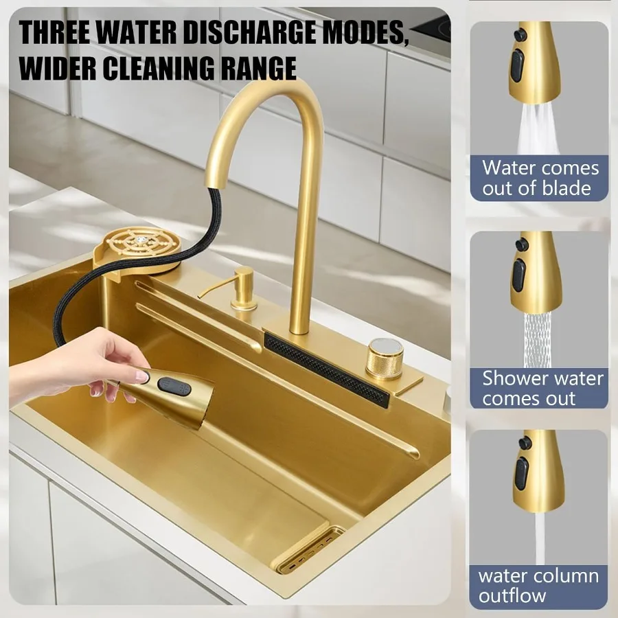 Stainless Steel Undermount Kitchen Sink With Pull-Out Faucet and Pressurized Cup Washer for Modern Kitchen 68x45x20cm Gold Fini