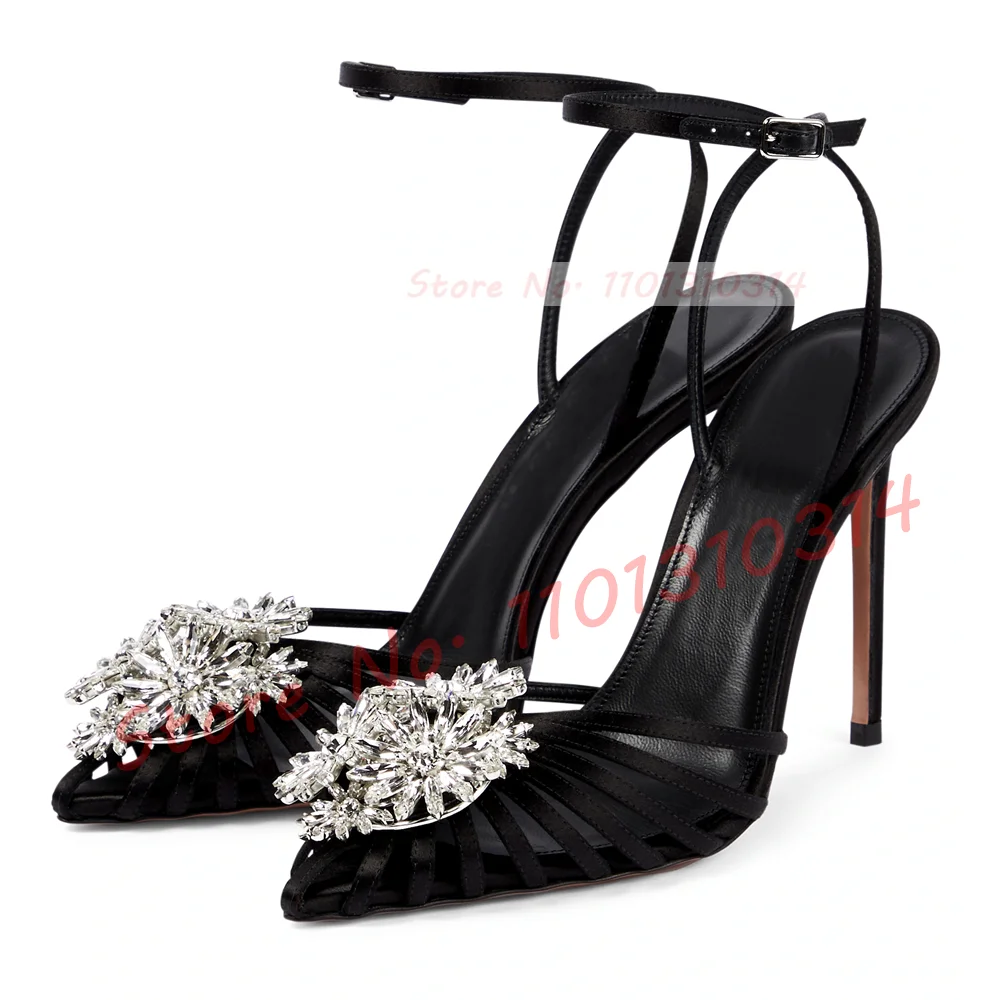 Crystal Flower Satin Caged Sandals Women Luxury Hollow Pointy Toe Stiletto High Heels Female Elegant Ankle Strap Sparkly Shoes