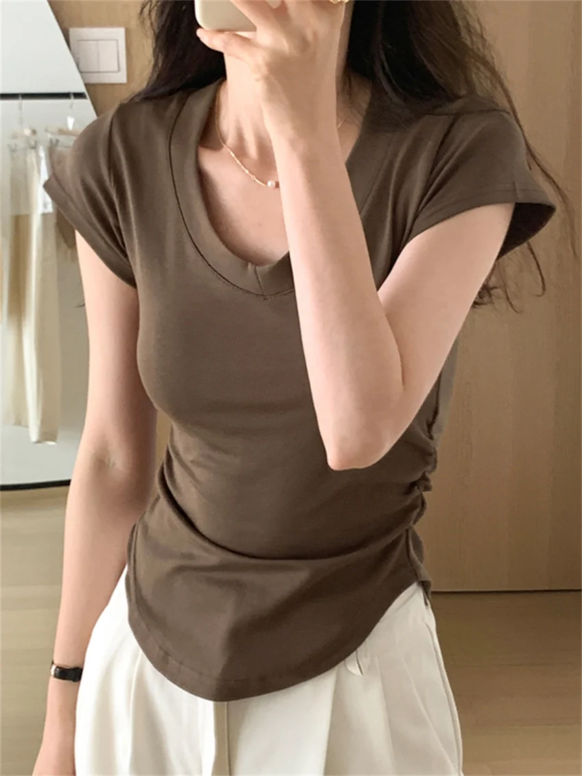 

PLAMTEE S-2XL Bottoming Tees Women Solid New Slim Office Lady Shorts Sleeve New OL Work Wear Skinny Fashion Summer T-Shirts