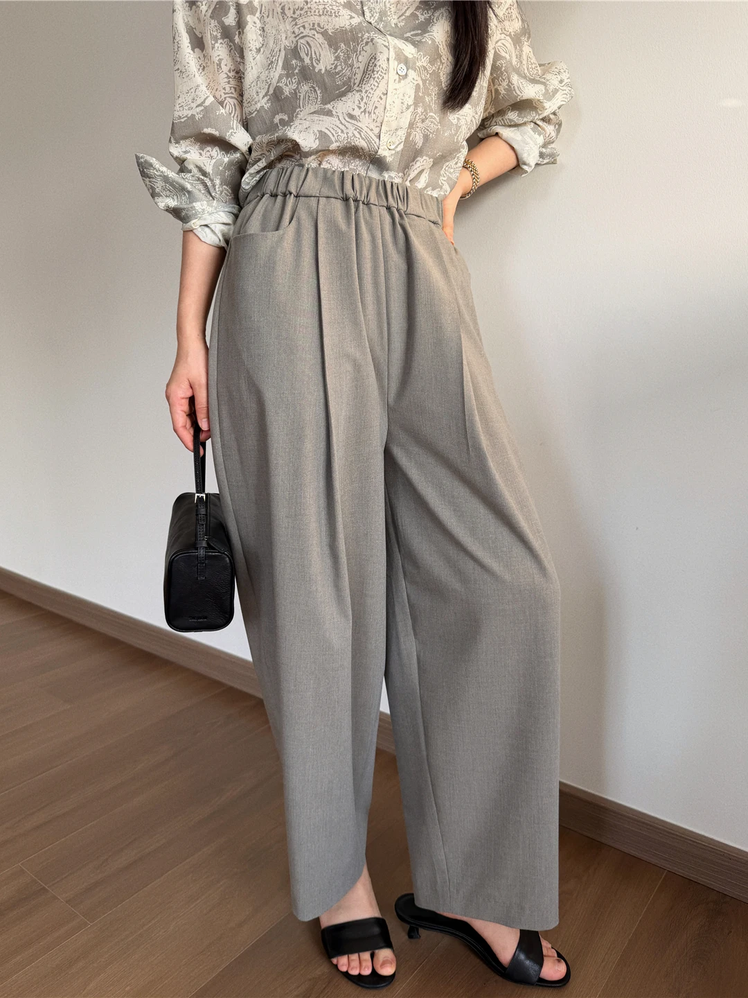 

AfuShop26 Spring Summer Versatile Simple Lightweight Wool Elastic Waist Nine Points Balloon Pants Women's Casual Pants