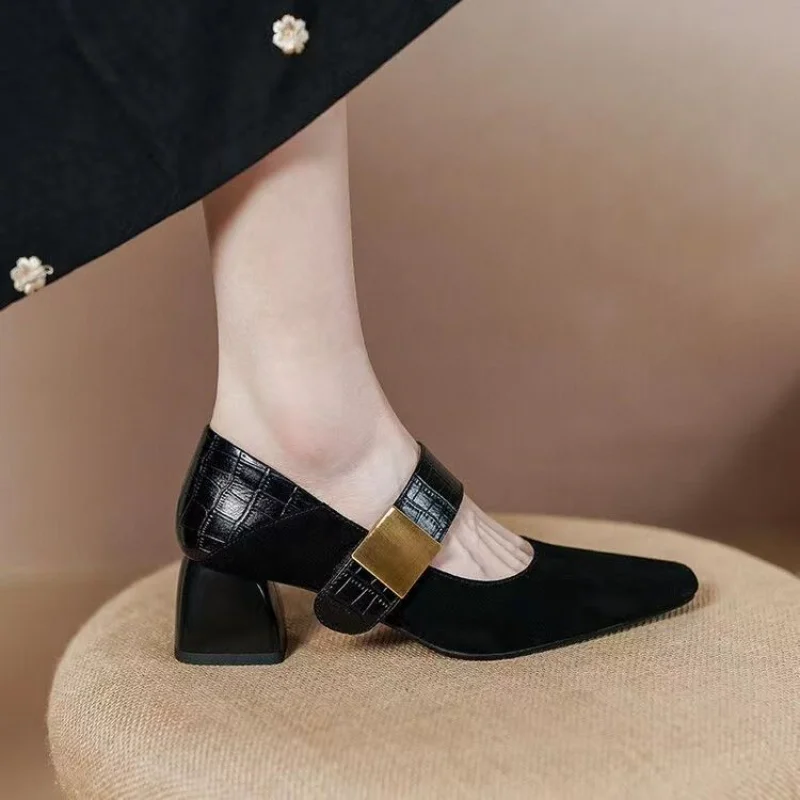 Letnie obuwie damskie Gothic Mary Jane Shoes for Woman 2024 Japanese Style Lolita Office Pointed Toe with Medium Heels Black A