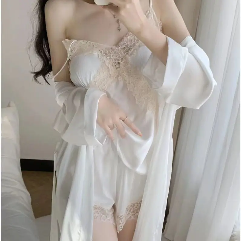 Three Piece Pajamas Suit Women Lace Strap&shorts&bathrobe Pijamas Lingerie Summer Female Rayon Pyjamas Sleepwear Home Clothes