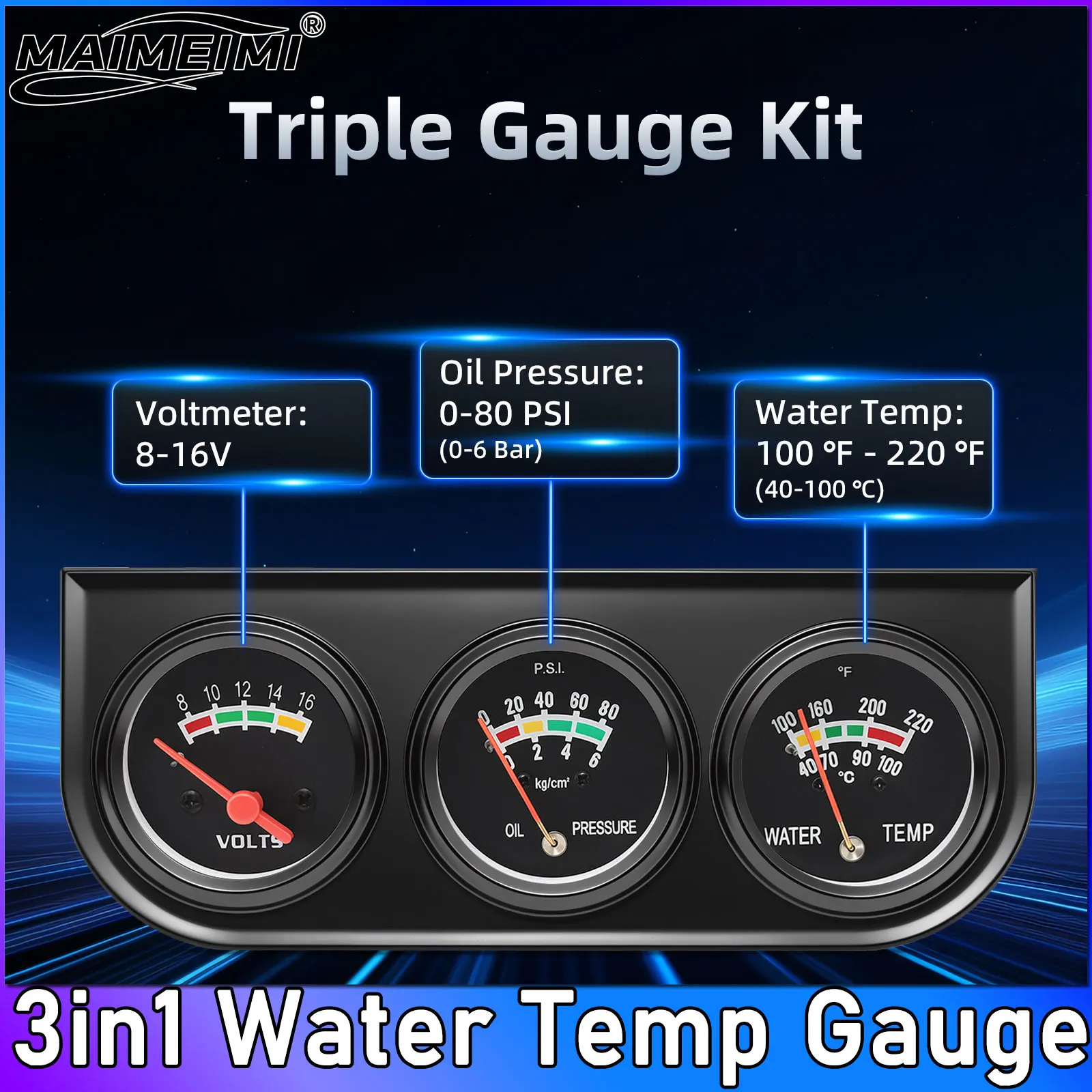 

3 in 1 Car Meter Kit 52mm Water Temp Voltmeter Oil Press Black Bezel Triple Gauge Set Instrument For Car Marine Sensor 21mm