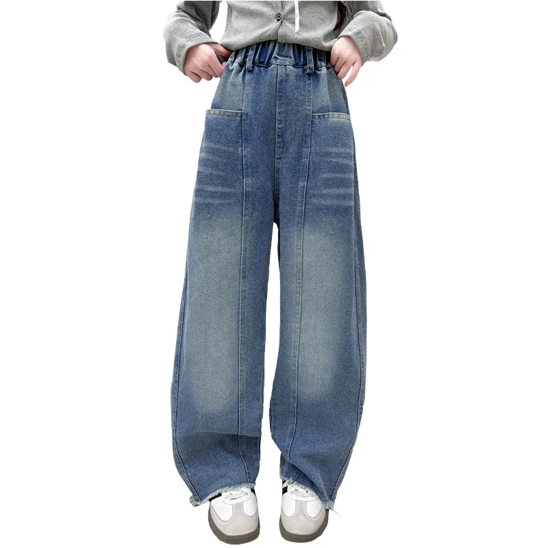 جديد الخريف الفتيات الجينز الأطفال محايد الكورية تنوعا فضفاض مستقيم الجانب الحرفية الخياطة الجينز بنطال أولادي