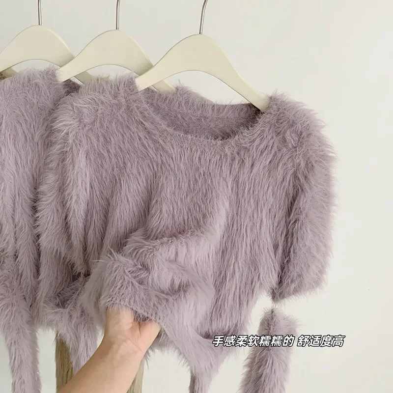 Fluffy Oversized Sweater Autumn Winter Women\'s Clothing Y2k Streetwear Mink V-neck Soft Pullover Jumper Loose Long Sleeve Tops