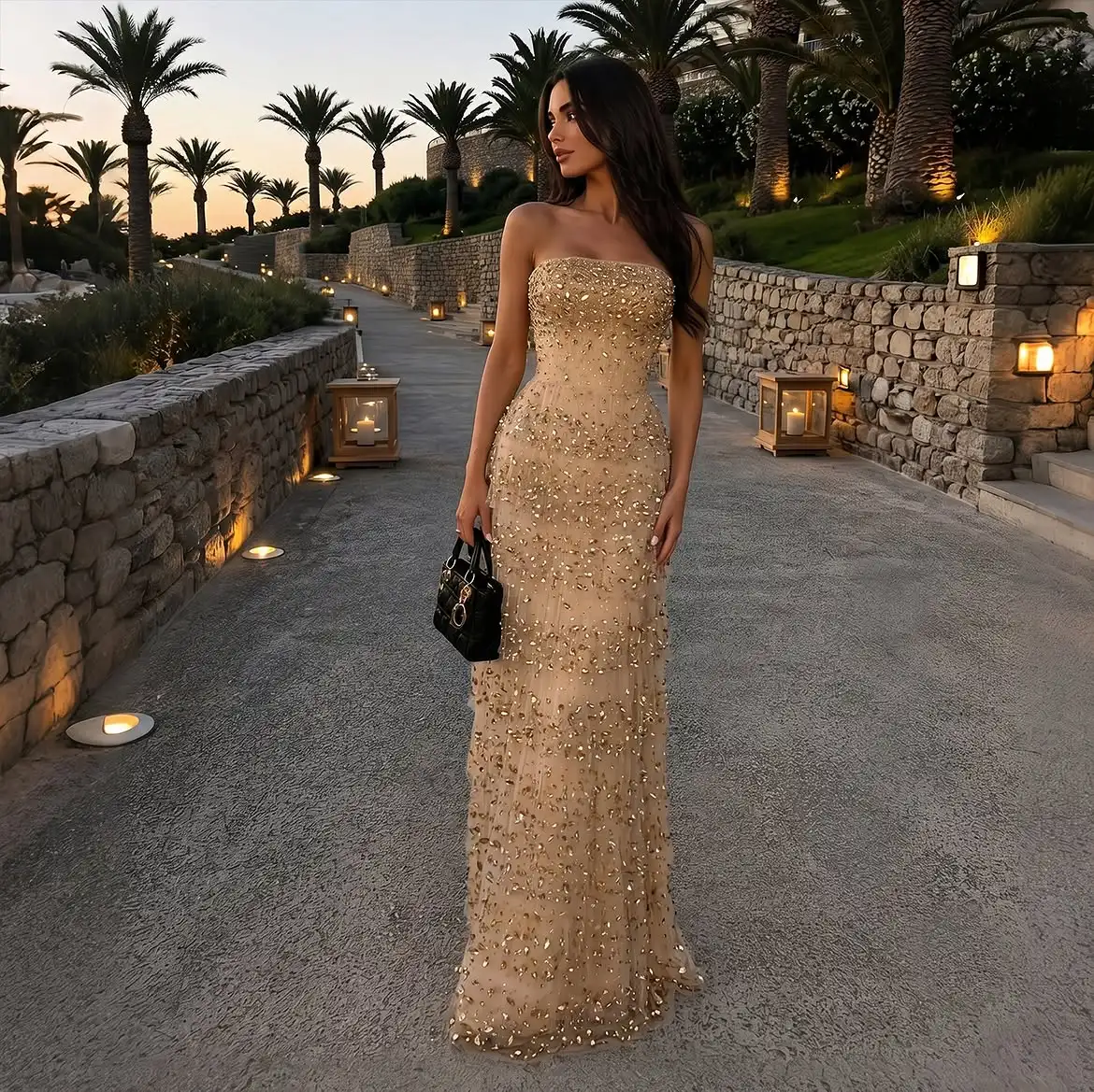 Champagne Strapless Tube Top Mermaid Evening Gown Full Gold Rhinestone Sequin Embellished Tiered Tulle Layer Skirt Slim Fitted B