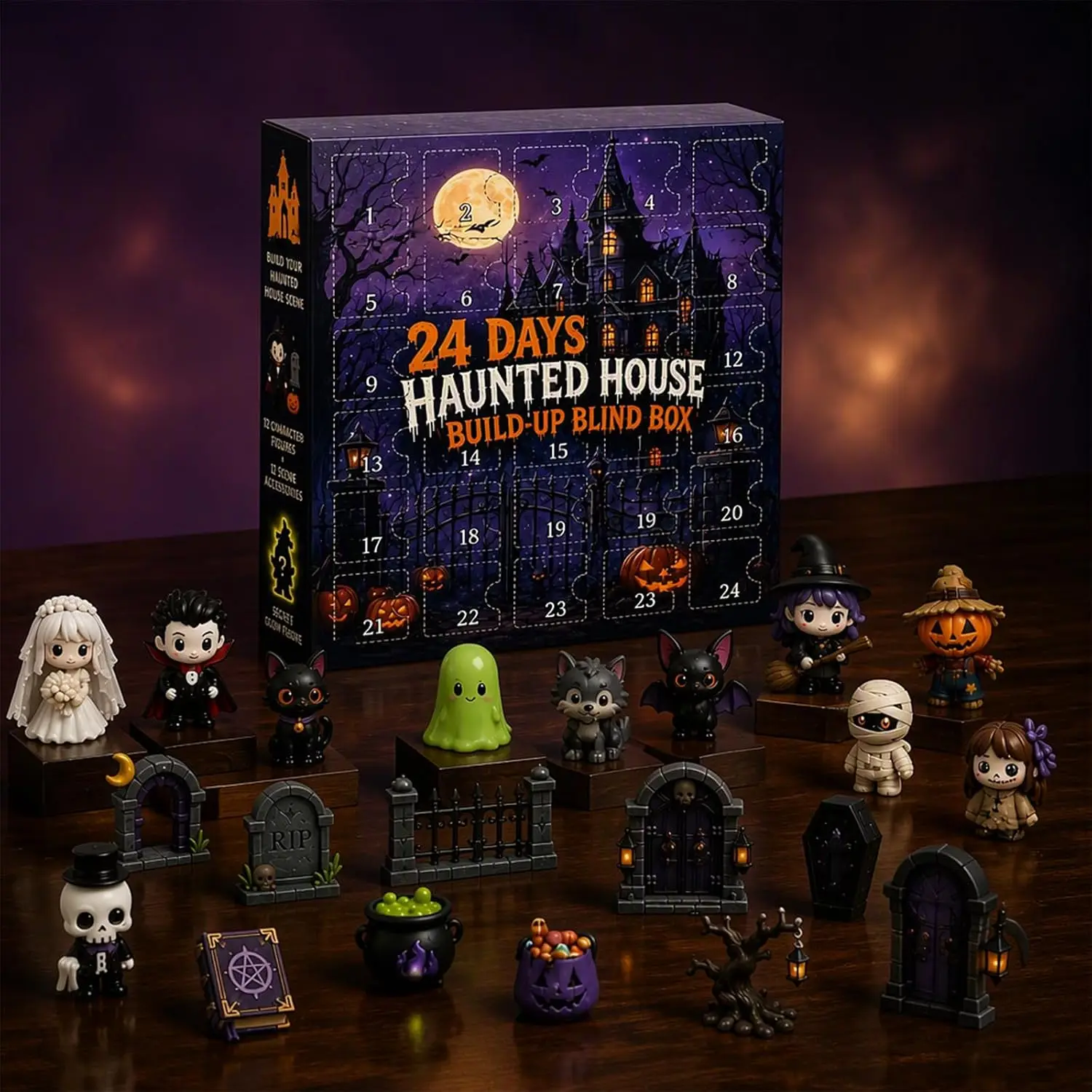 Halloween Advent Calendar 2026, 24 Days of Spooky Countdown Box with 24 Mini Figurines for Halloween Party Favors Holiday Gift