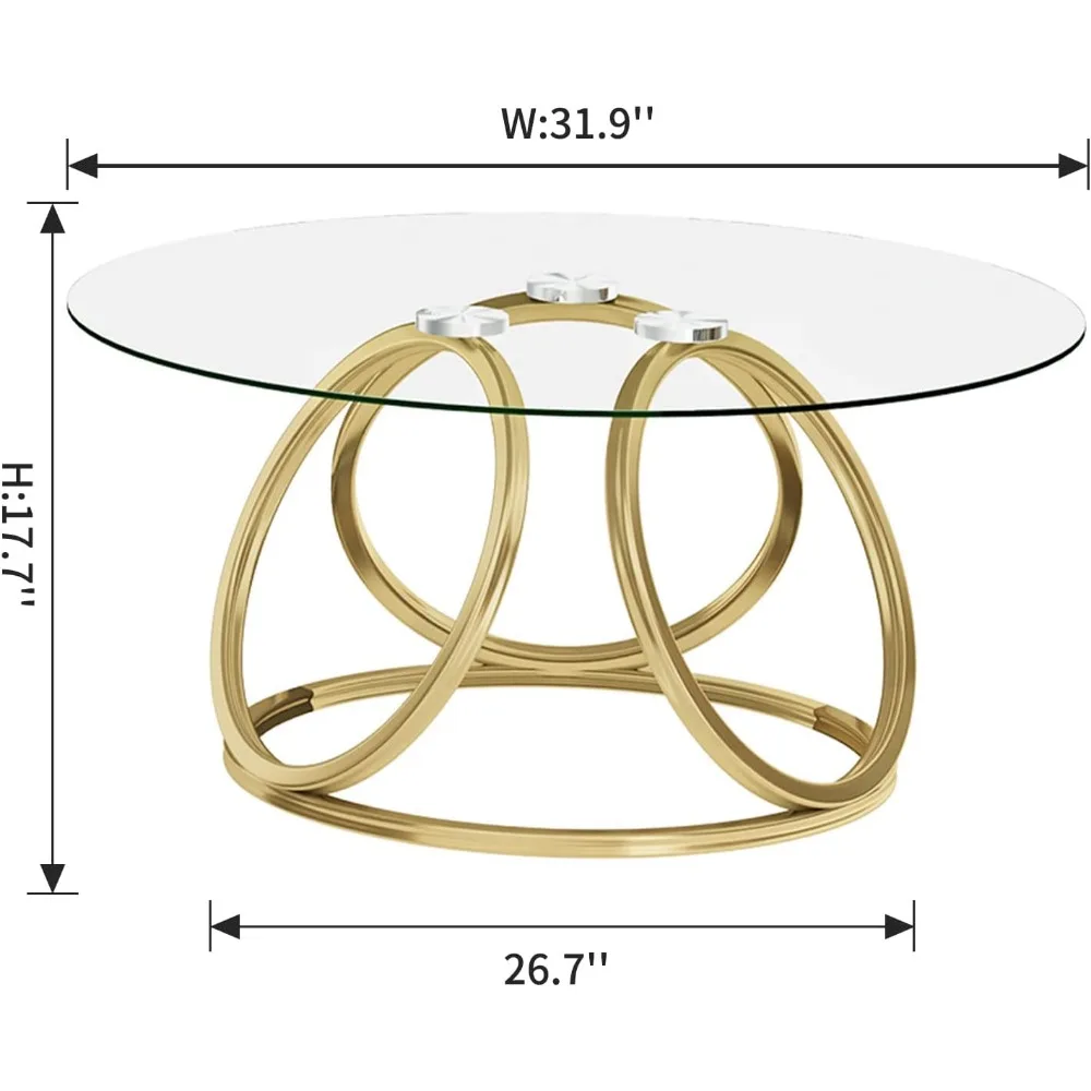 Mesa de café de vidro redonda com molduras em forma de anel, mesas de café com acabamento dourado, mesa moderna para sala