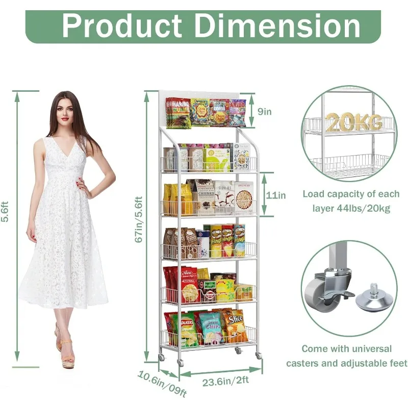 Retail Snack Display Stand, 5 Tier Snack Candy Potato Chip Display Rack Stand with Wheels & Hooks, Metal Wire Storage Sh