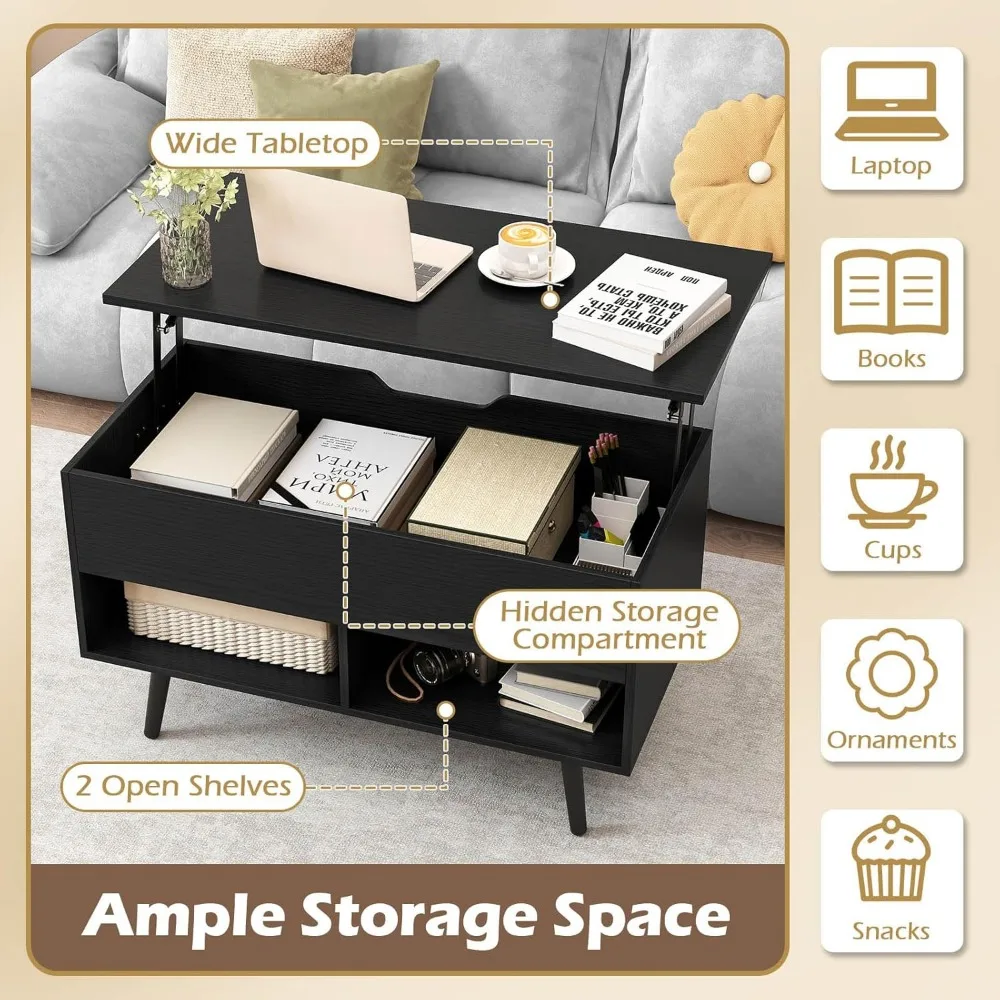 طاولة قهوة حديثة قابلة للرفع مع مساحة تخزين مخفية ورفين مفتوحتين، سحب خشبي لغرفة المعيشة المعاصرة