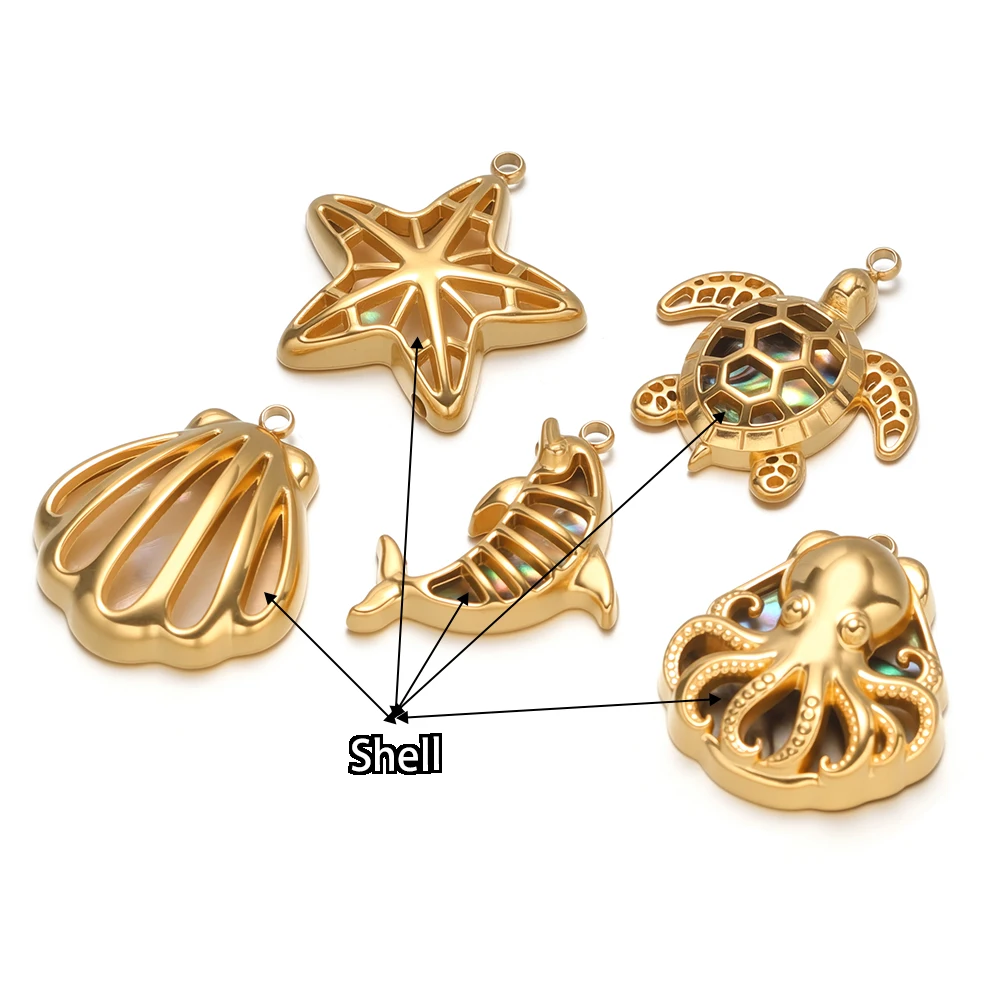3 Stück Edelstahl-Hohlschalen-Anhänger in Form von Seestern, Schildkröten, Delfinen und Oktopusen für DIY-Schmuckherstellung, Halsketten, Anhänger und Ohrringe. – Detail 3