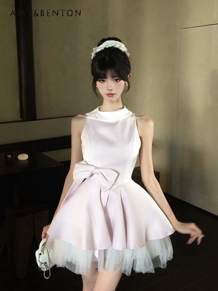 

2025 Summer French Style Mesh Patchwork Waist-Cinching Sleeveless Ballet Princess Pink Blue Bow Puffy Short Dress