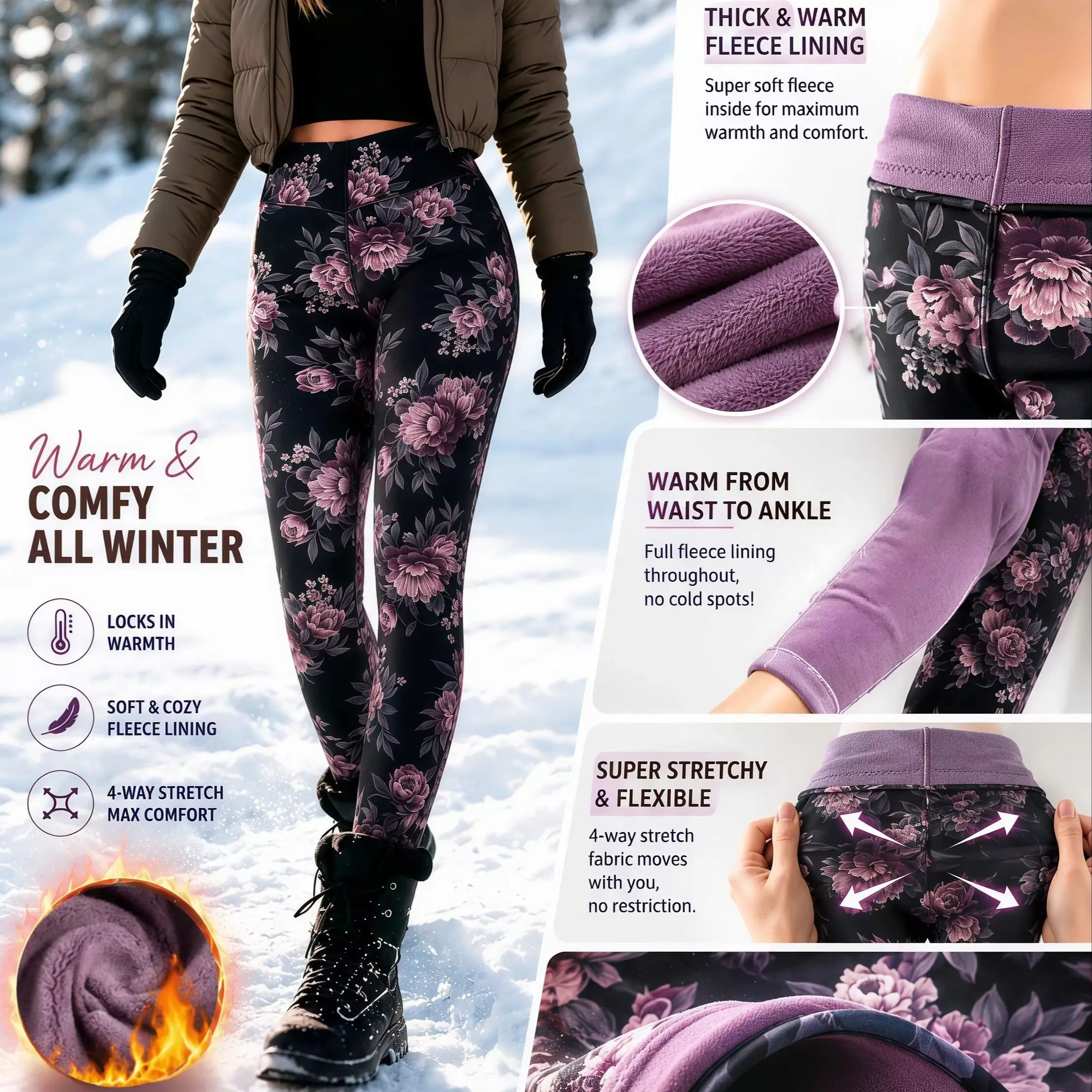 Damen Vintage Blumenmuster Fleece-gefütterte V-Taille Knöchellange Leggings Winter Dicke Fleece-Fütterung Wärmespeichernde Sporthose -5 ℃ ~15 – Detail 1