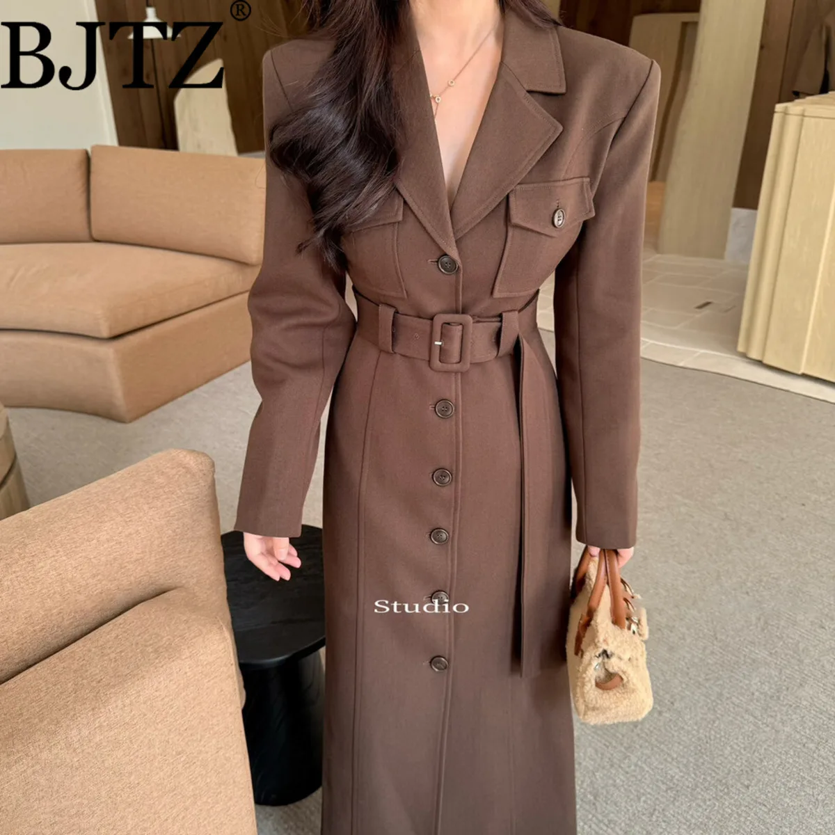 

BJTZ 2025 осенняя женская шерстяная одежда с поясом, элегантная минималистичная комфортная повседневная шикарная дизайнерская осенняя модная верхняя одежда премиум-класса