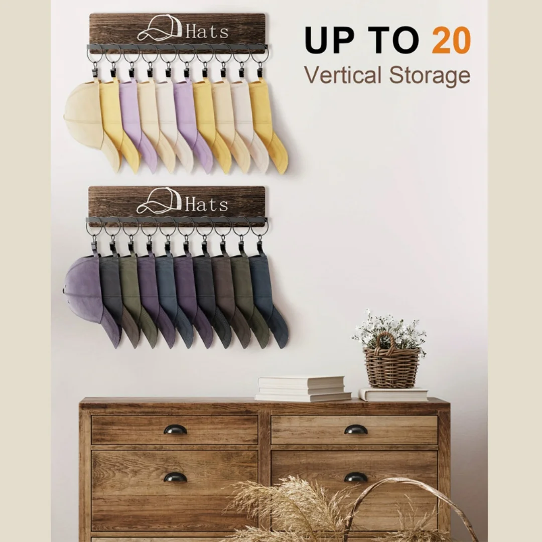 

Wooden Wall-Mounted Hat Rack,A Cap Organizer That Holds Up To 20 Baseball Caps and Cowboy Hats,Suitable for Bedrooms and Closets