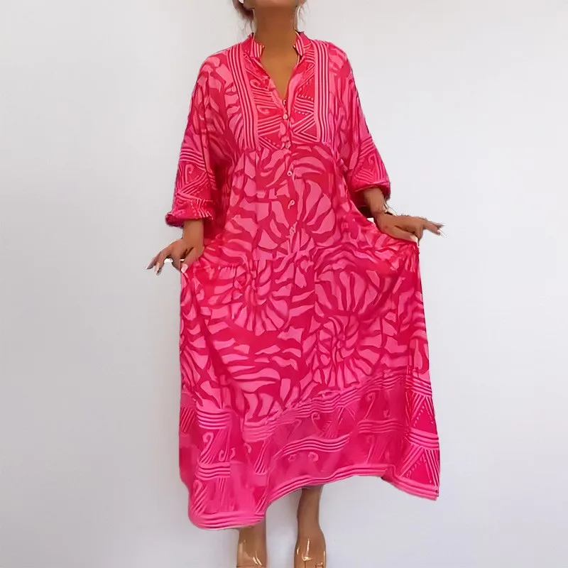 

2025 New Fashion Casual Plus Size Dress Elegant Printed LOOSE Button Loose V Neck Three Quarter Dresses Beach Holiday Vestidos