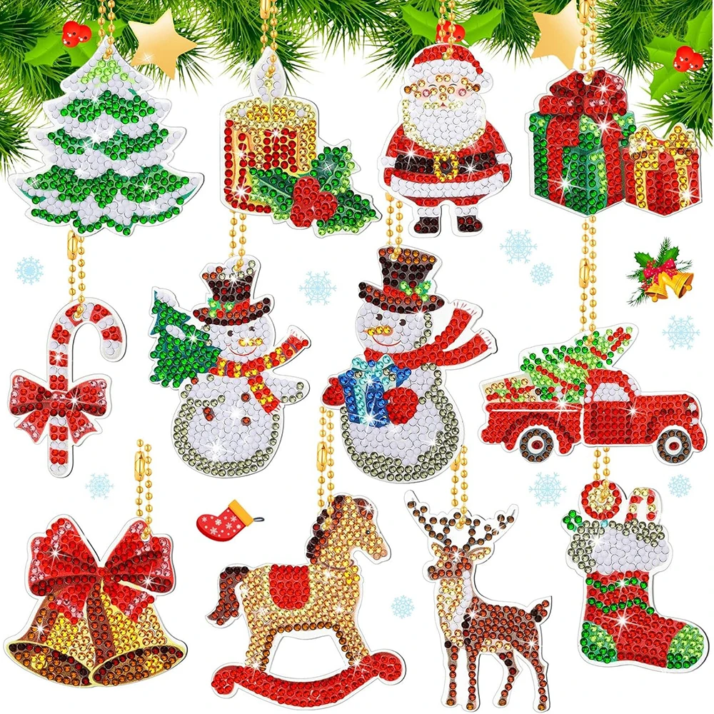 

12Pcs Diamond Art Christmas Ornaments Christmas Diamond Painting Ornaments 5d DIY Painting Keychain Kits Xmas Hanging Paint Kits