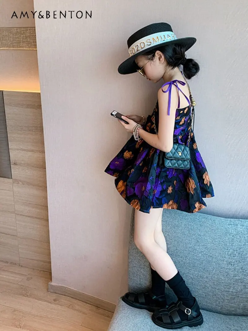 

Big Girls High End Korean Fashion Princess Sundress Summer 2026 New Kids Purple Floral Print High Waist Vacation Casual Dress