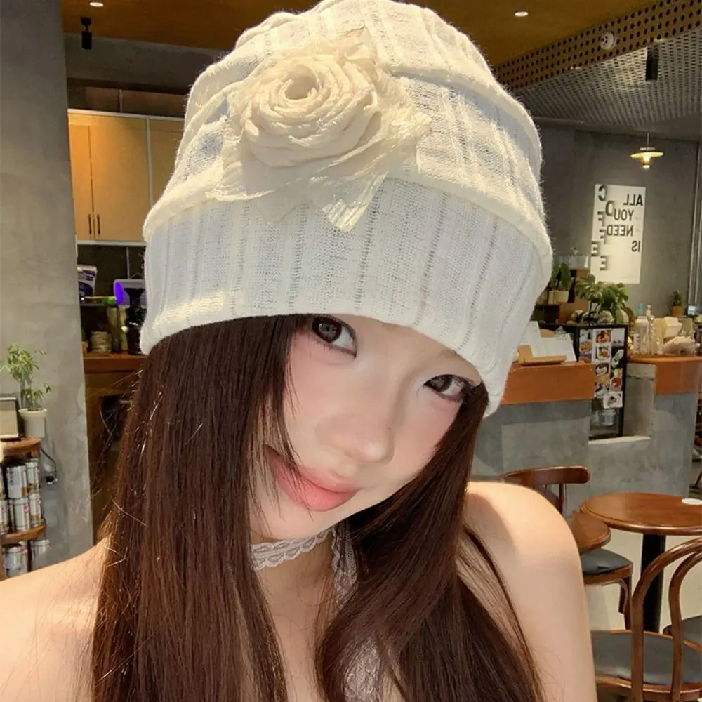 

Retro Elegant Hollow Pullover Hat Breathable Sweet Flower Beanies Hat Thin Korean Style Knitted Hat Spring and Summer