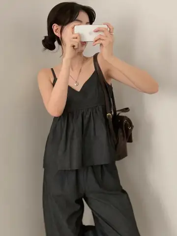 여름 세트 긴바지 데님 드레스 브래지어 V넥 플리츠 다목적 세트 패션 세트 데님 드레스 브래지어 긴바지 세트
