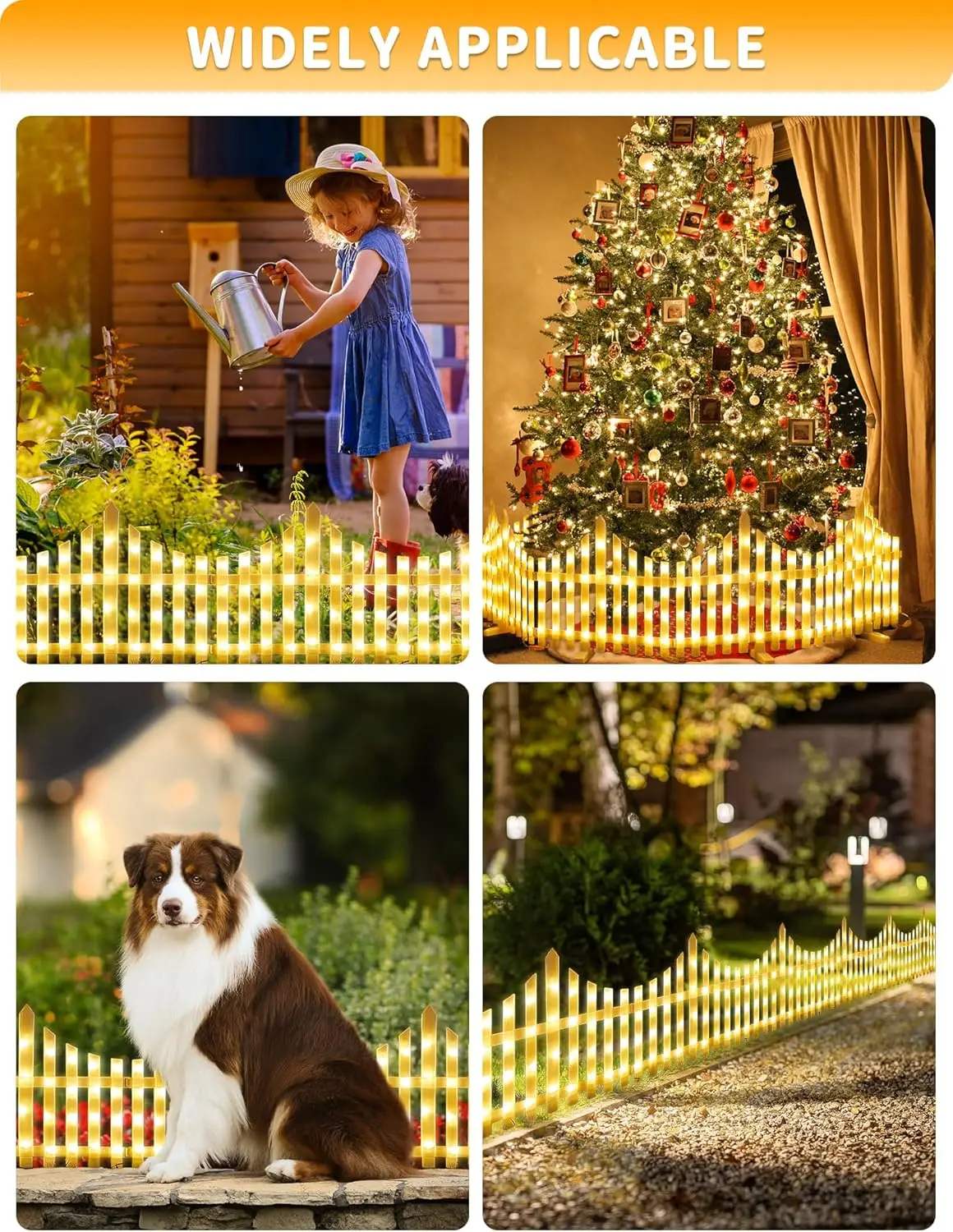 8 Pack Solar Garden Fence with 144 LED Lights & Remote, White Picket Border for Yard Path Pet Barrier