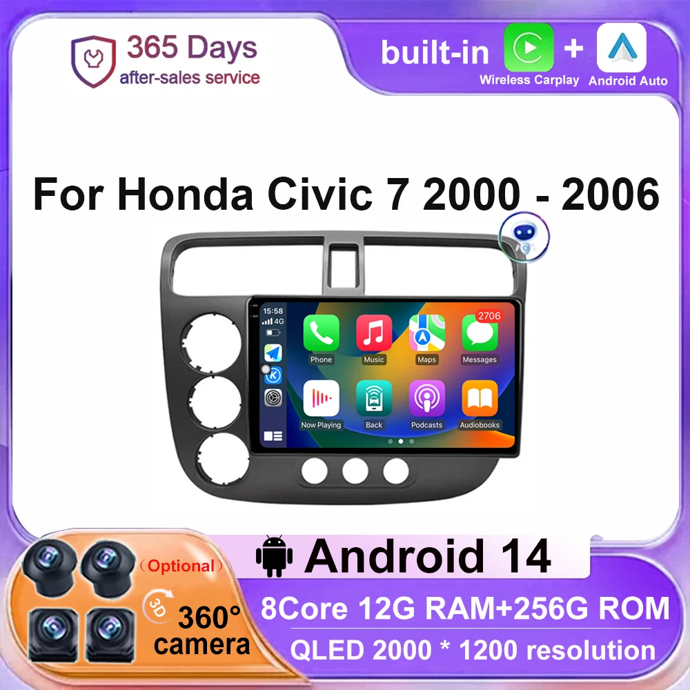 

Multimedia Video Player Android 14 For Honda Civic 7 2000 - 2006 Car Radio 4G WIFI Navigation Stereo GPS Auto Carplay QLED DSP