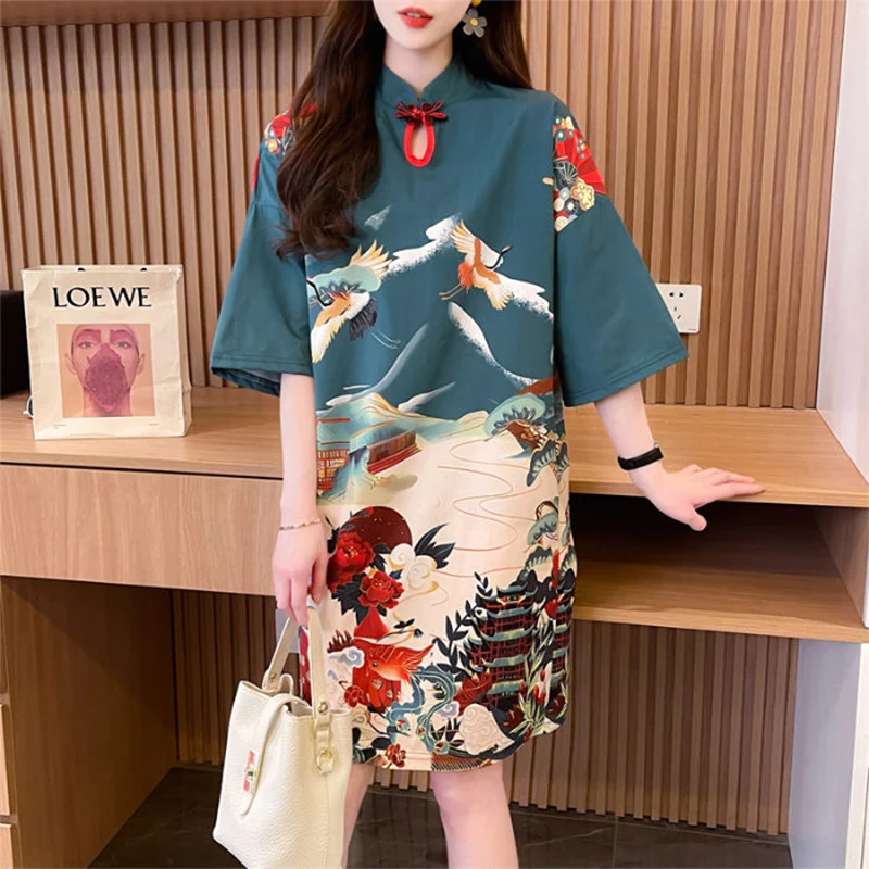 Sommer chinesischen Stil Vintage Druck T-Shirt Mini kleid Damen Kurzarm lose lässig A-Linie Robe Frauen stehen Kragen Vestido