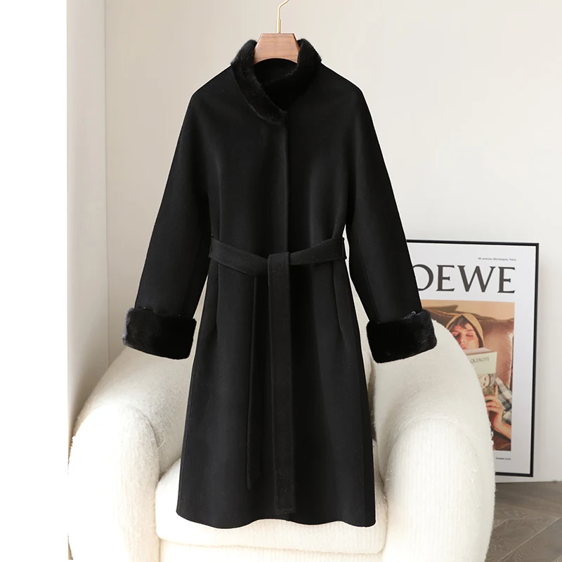 

Women Lady 100% Wool Long Jacket With Mink Fur Collar and Cuff Girl Warm Parka Overcoats JT3254