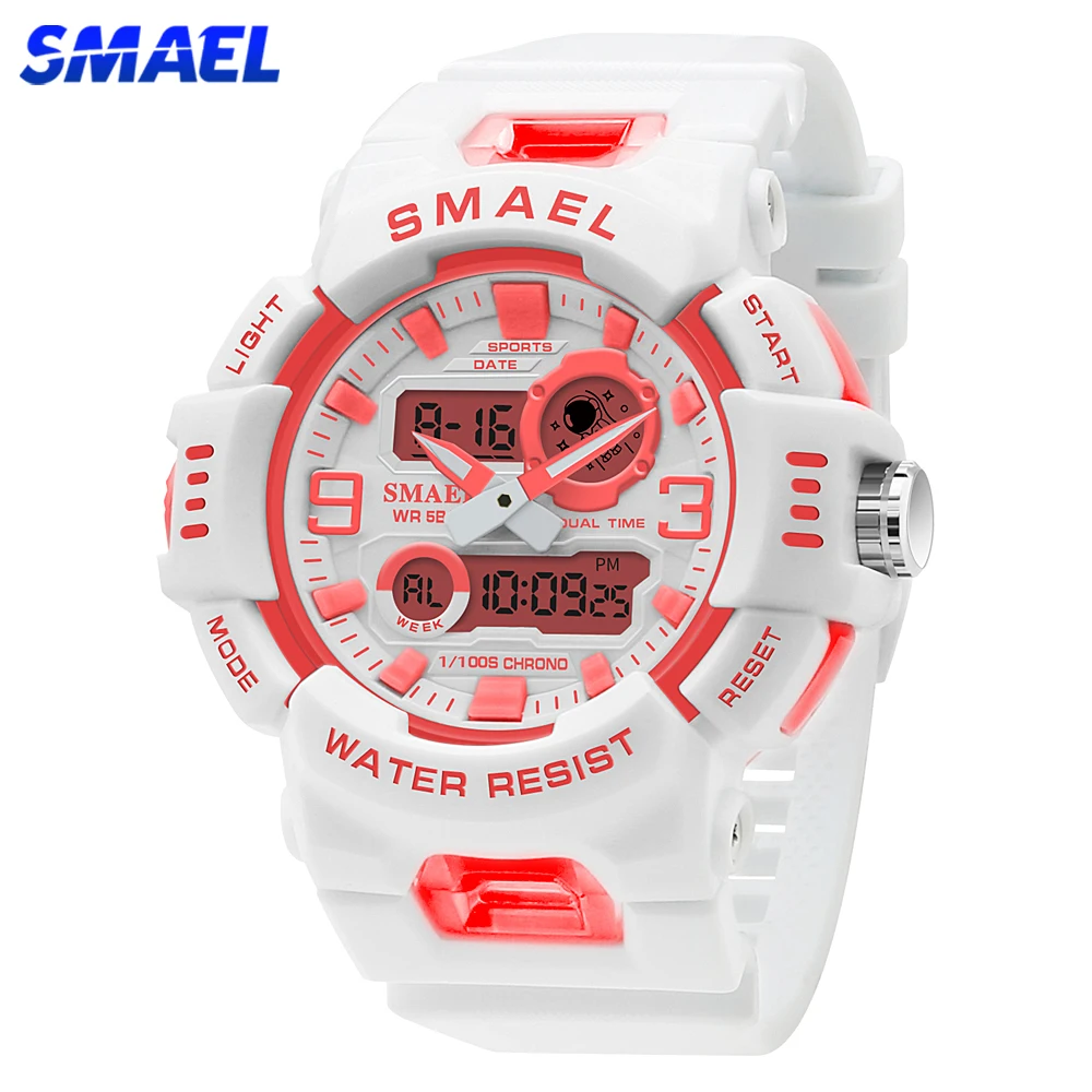 SMAEL Dual Time Sports Women Watch Quartz Student Wristwatches Fashion Female White Dual Time Digital Clock Lady Gift Auto Date