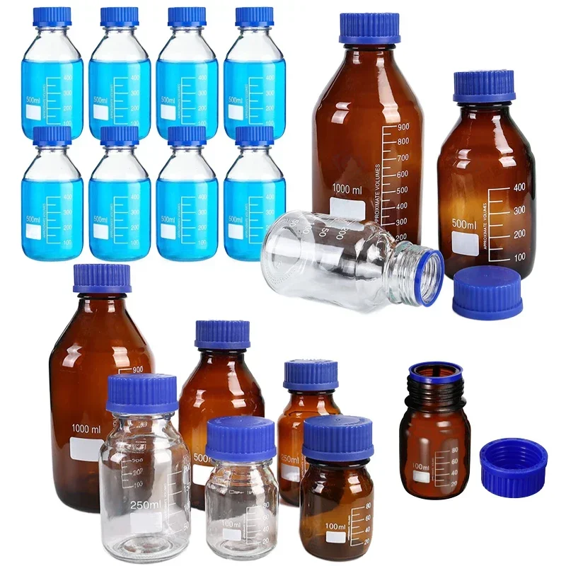 1Pcs 25-1000ml Brown/Clear Graduated Round Glass Media Storage Bottles with Blue GL45 Screw Caps For Lab Water Reagent Liquids