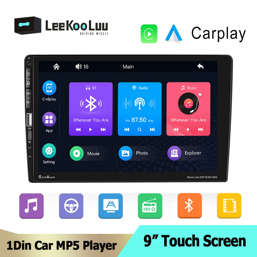 

LeeKooLuu 1 Din Car Stereo Radio 9" HD Autoradio Wired Carplay / Android Auto Bluetooth MP5 Video Central Multimedia Player