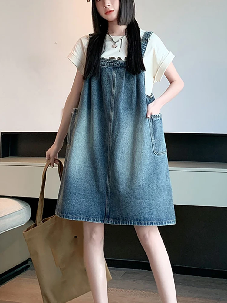 

Large Size Spring Summer Women Denim Overalls Dress Vintage All-matched Vestidos Casual Short Female Strap Dress