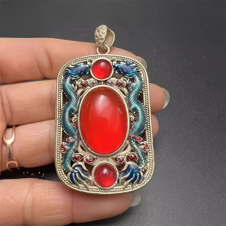 Retro old Tibetan silver cloisonne double dragon play bead pendant Tibetan silver inlaid gemstone hollow accessories chain