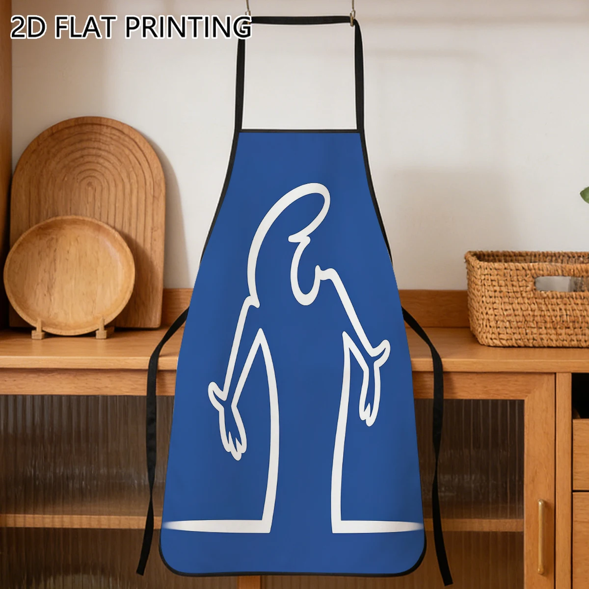 1pc Blue Background Stick Figure Pattern Apron For Cook Home Cooking Kitchen