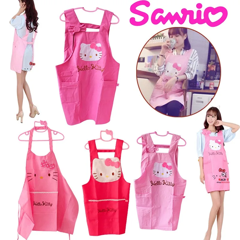 Sanrio Hello Kitty Cotton Women\'s Kitchen Apron with Pockets Baking Apron Anime Character Cooking Oil Stain Resistant Apron Gift