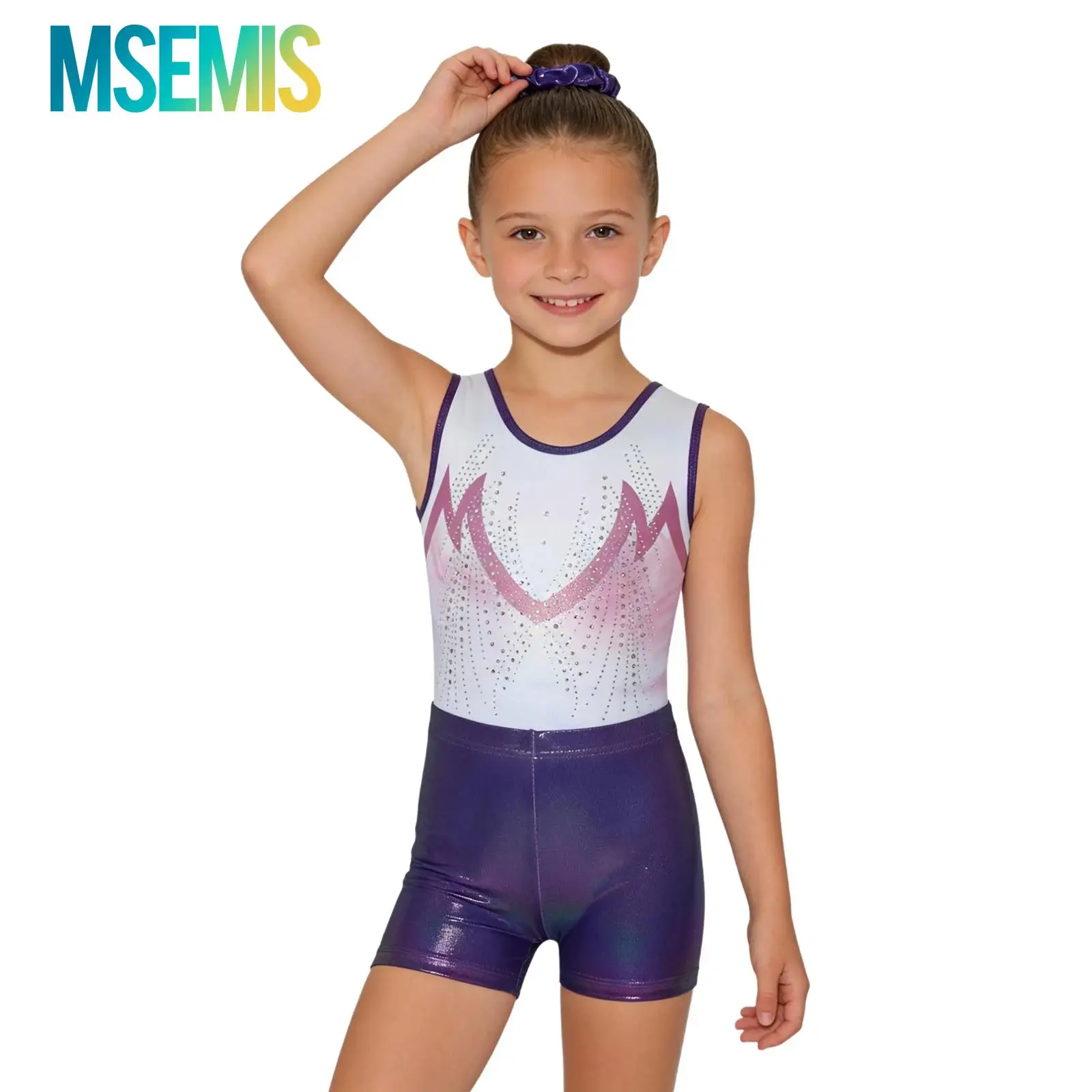

Kids Girls Gymnastics Ballet Dance Outfit Performance Costume Shiny Rhinestone Printed Metallic Leotard with Shots And Hairband