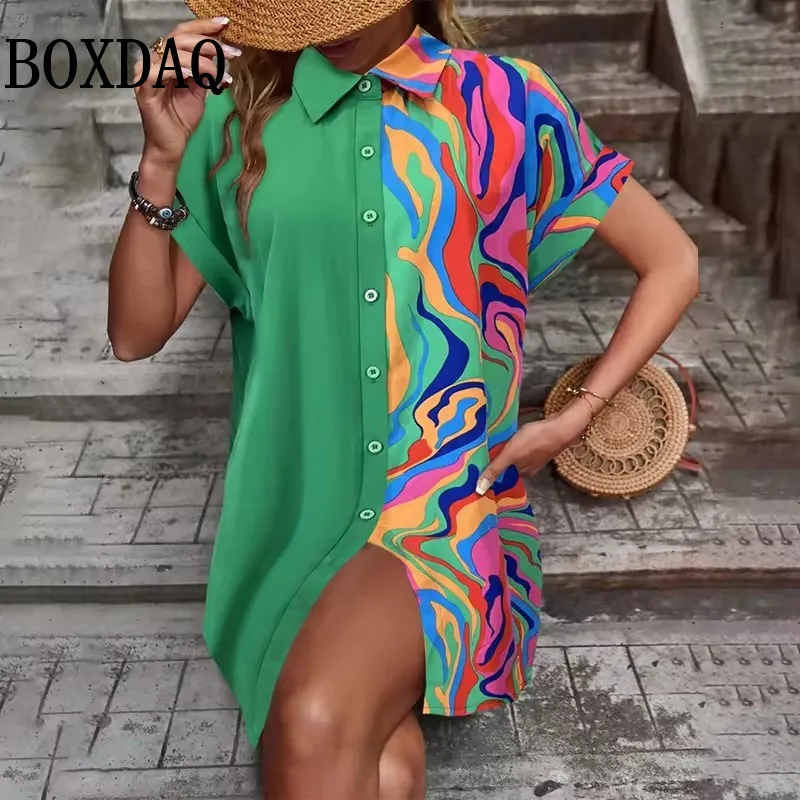 

2025 New Women's Shirt Dresses Summer Casual Single-Breasted Dress Fashion Contrast Color Lapel Short-Sleeve Mini Dress Street