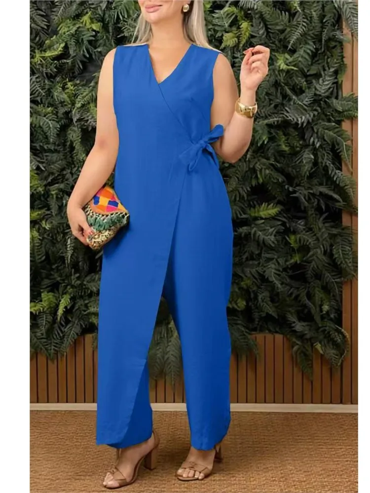 New Fashion Women's Jumpsuit Solid Color Wide Leg Pants Summer Sexy V Neck Sleeveless High Waist Office Elegant Jumpsuits Female