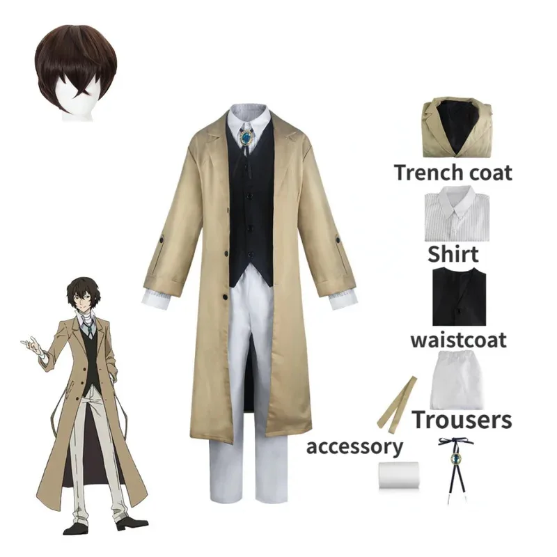dd12Dazai Cosplay Costume Detective Dazai Osamu Outfits include Trench Coat Shirt Vest Pants For Adult Halloween Party sets cosp
