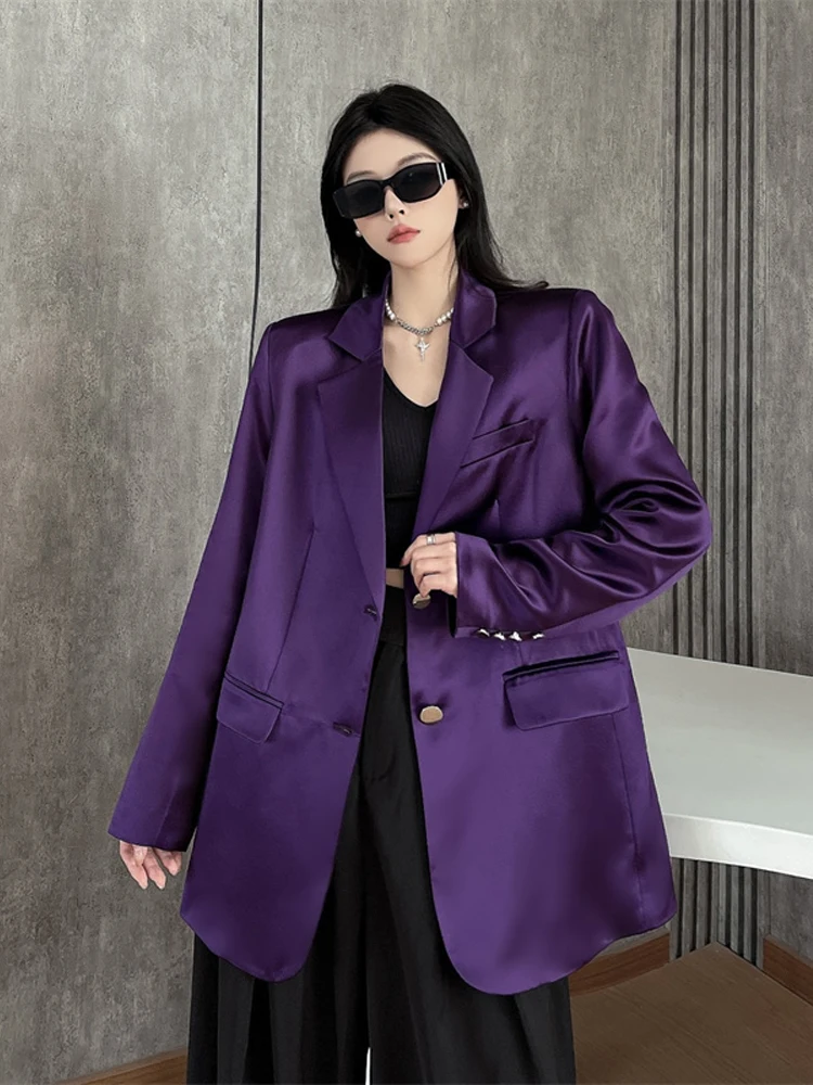 Fashion Acetate Satin Blazer Women's 2025 Summer Loose Casual Single breasted jacket Purple Spring Outerwear INKEO 5O044
