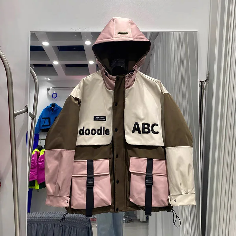 新しい冬のカップルダウンジャケットユニセックスフード付きデザインファッション刺繍文字ジャカード厚くて緩いダウンジャケット