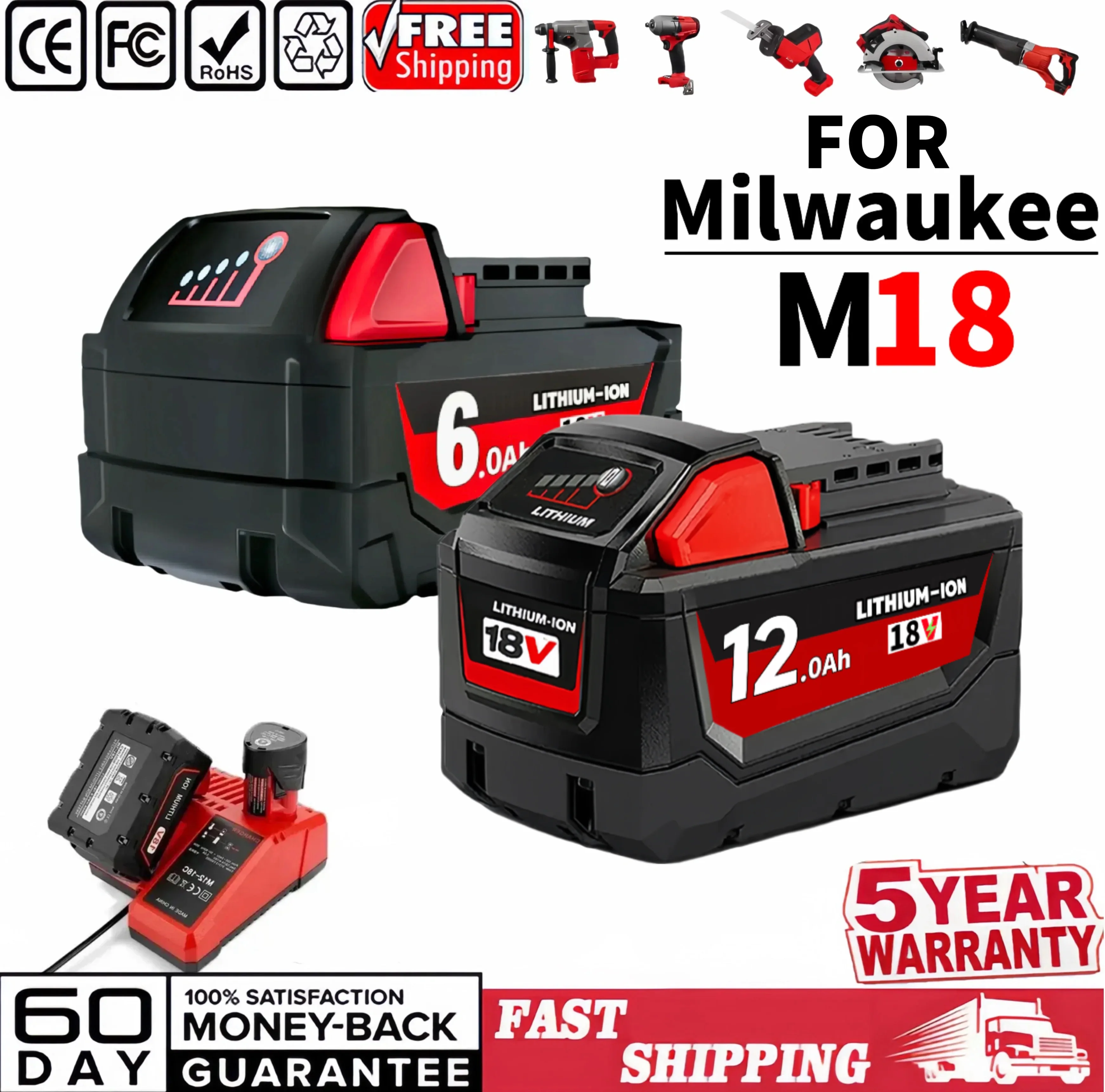 6.0/12.0Ah High-capacity For Milwaukee M18 XC Lithium Battery 48-11-1860 48-11-1850 48-11-1840 48-11-1820 Rechargeable Battery