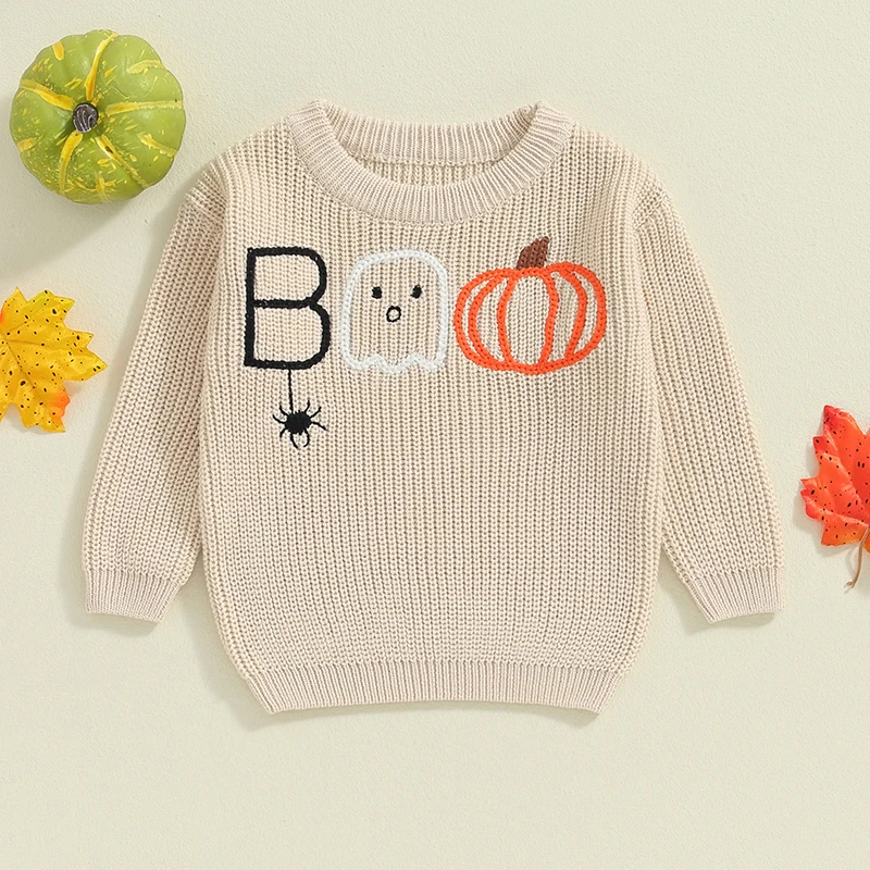 EWODOS Toddler Girl Boy Sweater Halloween Clothes Pumpkin Ghost Spider Letter Embroidered Long Sleeve Kids Pullovers Uniesx Tops