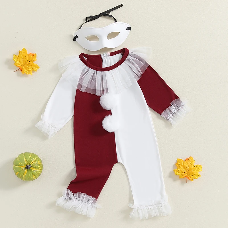 Little Girl Halloween Romper Contrast Color Plush Ball Long Sleeve Crew Neck Full Length Jumpsuit