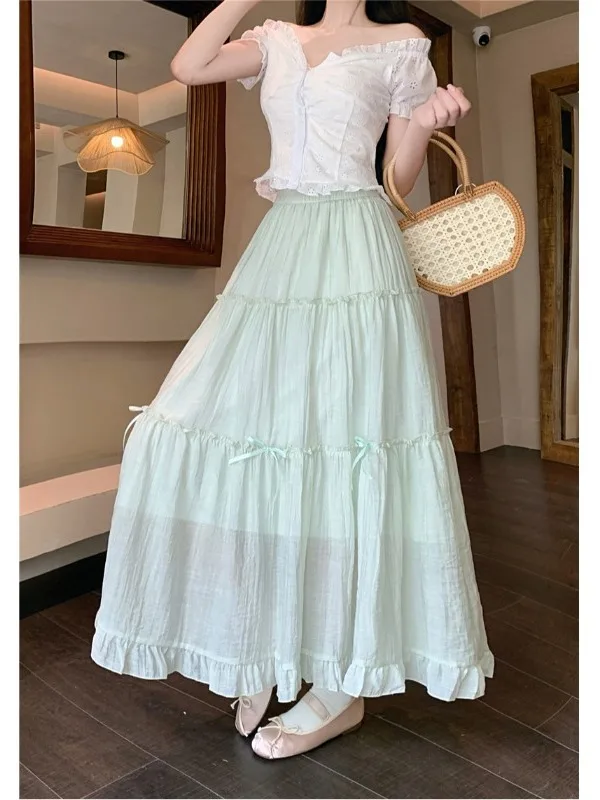 

Spring Summer 2026 Elegant Woodgrain Knot A-Line Midi Skirt Women's High Waist Embroidered Soft Slim Fit Skirt