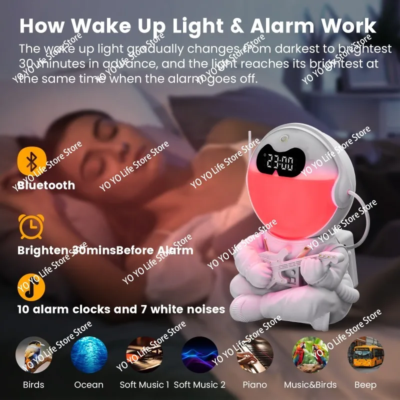 宇宙飛行士目覚まし時計-ホワイトノイズ-bluetooth-アンビエントナイトライト付き